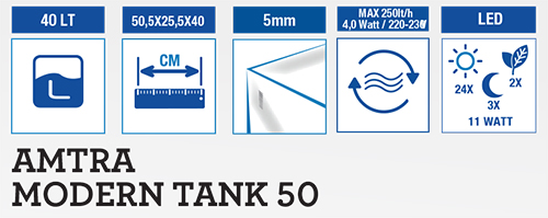 Amtra Modern Tank 50 Acquario in Vetro Extrachiaro completo di Filtro interno 40 litri e Illuminazione a Led 50,5cm