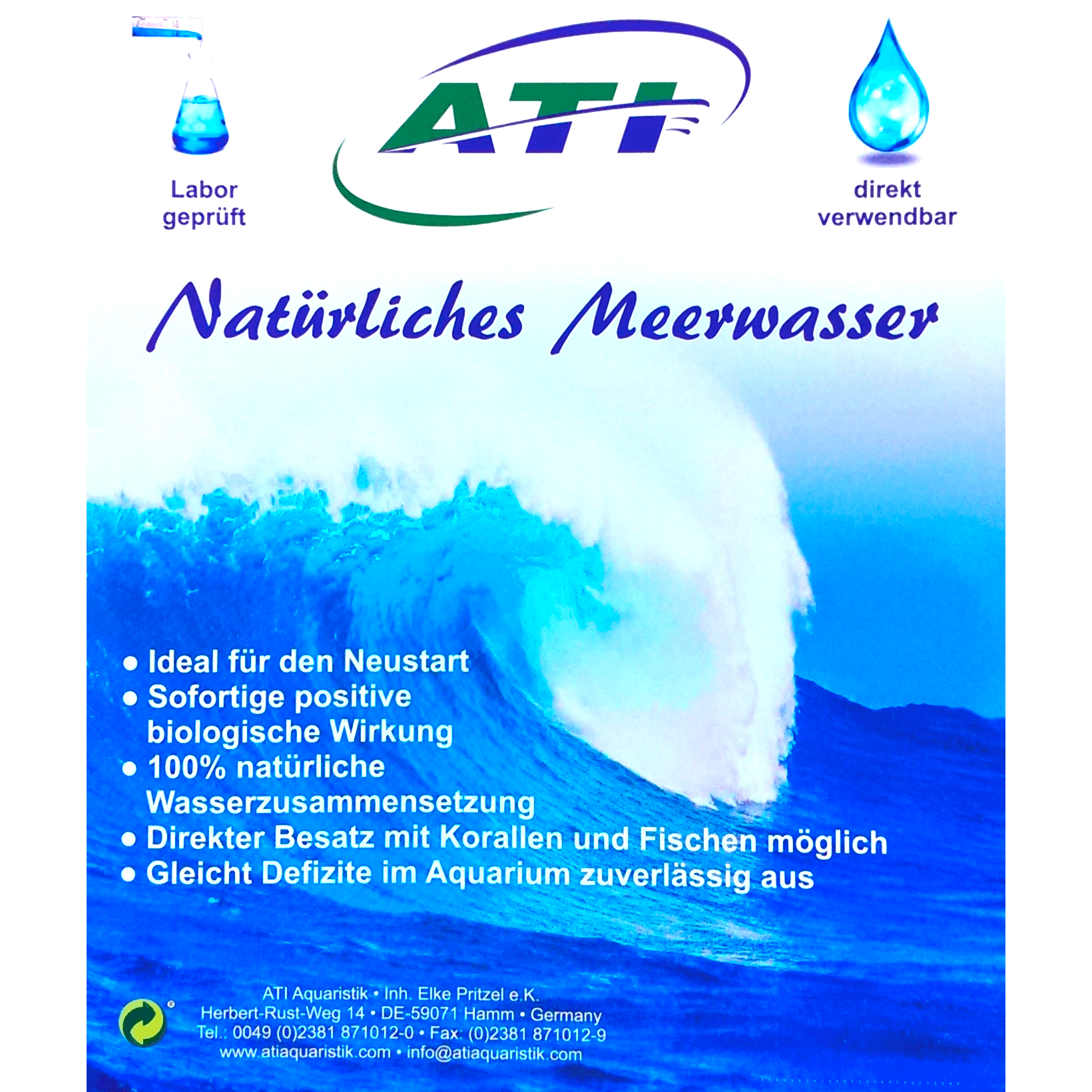 Ati Natural Meerwasser Acqua naturale marina pronta per acquari di barriera 2x10 Litri