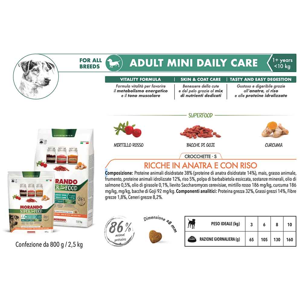 Morando Super Pet Food Adult Mini Daily Care Crocchette Ricche in Anatra e con Riso 800 g