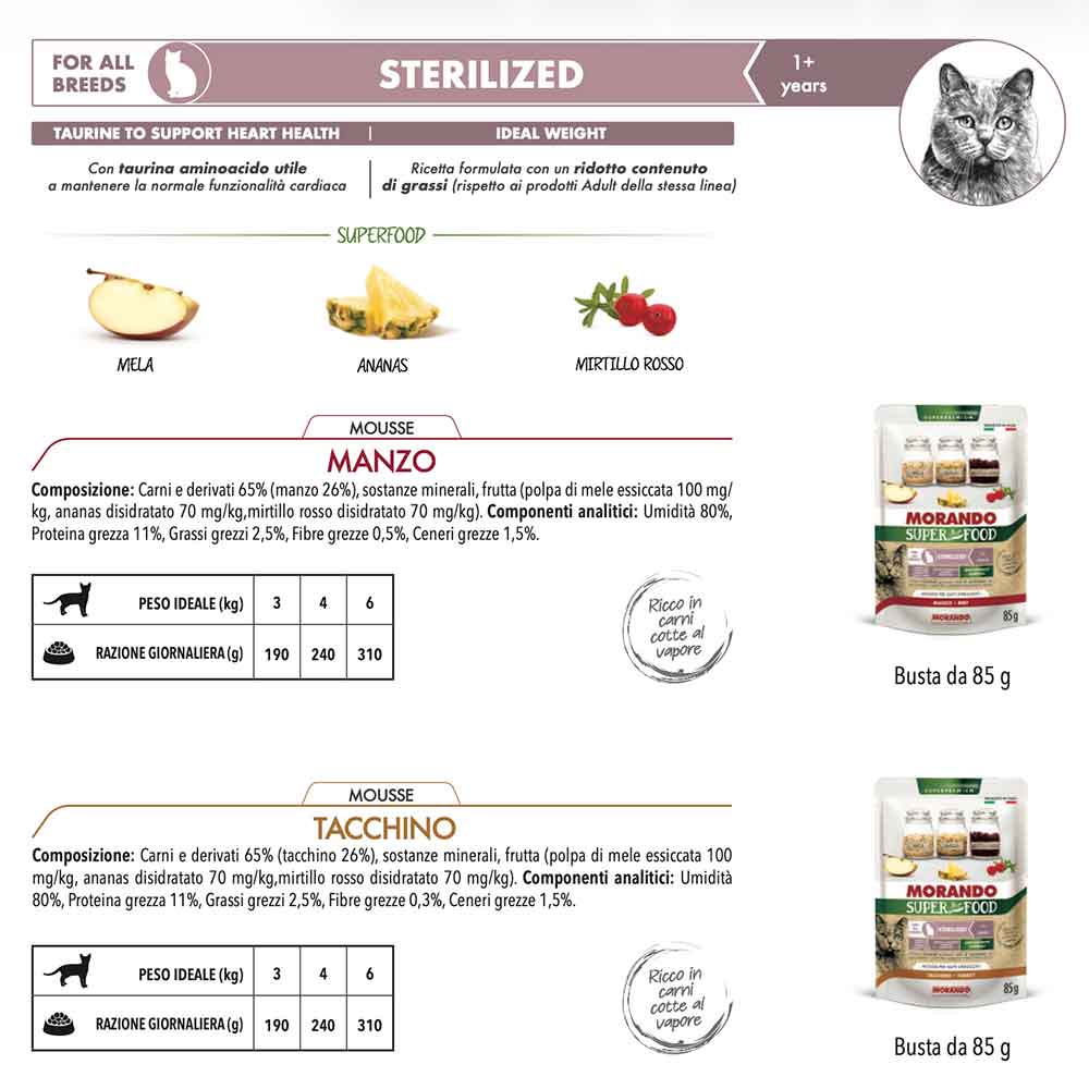 Morando Super Pet Food Umido per Gatto Sterilized Mousse Tacchino 85gr