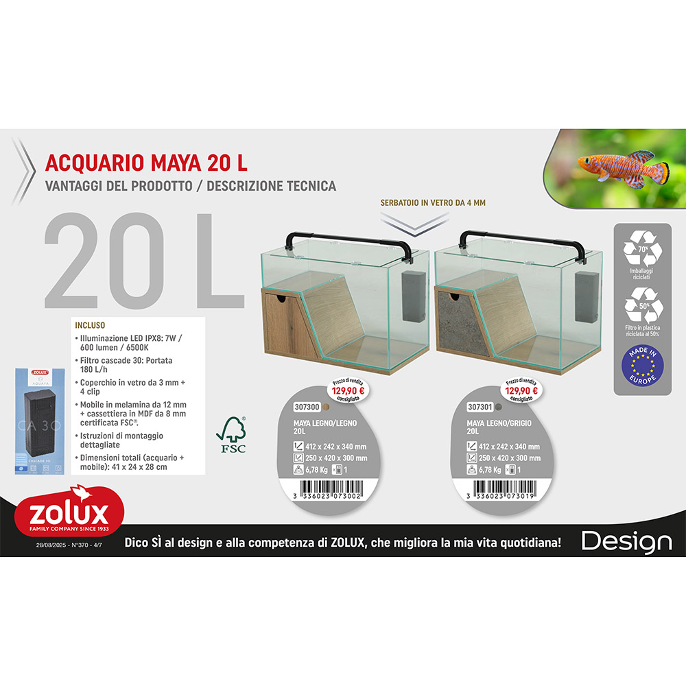 Zolux Maya Acquario con Filtro e Luce Legno/grigio 20Lt 41x24x28h cm