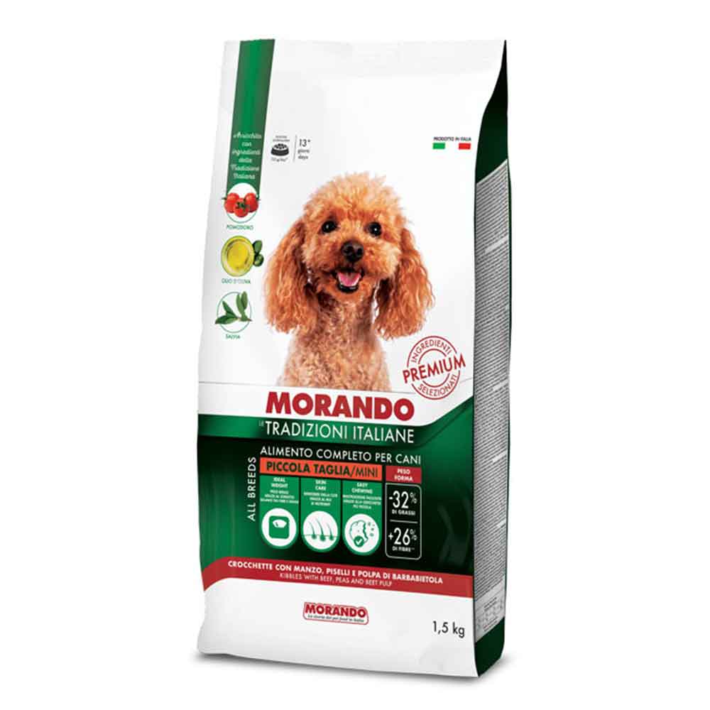 Morando Premium Crocchette Piccola Taglia per Cane con Manzo Piselli e Polpa di Barbabietola 9mm 1,5Kg