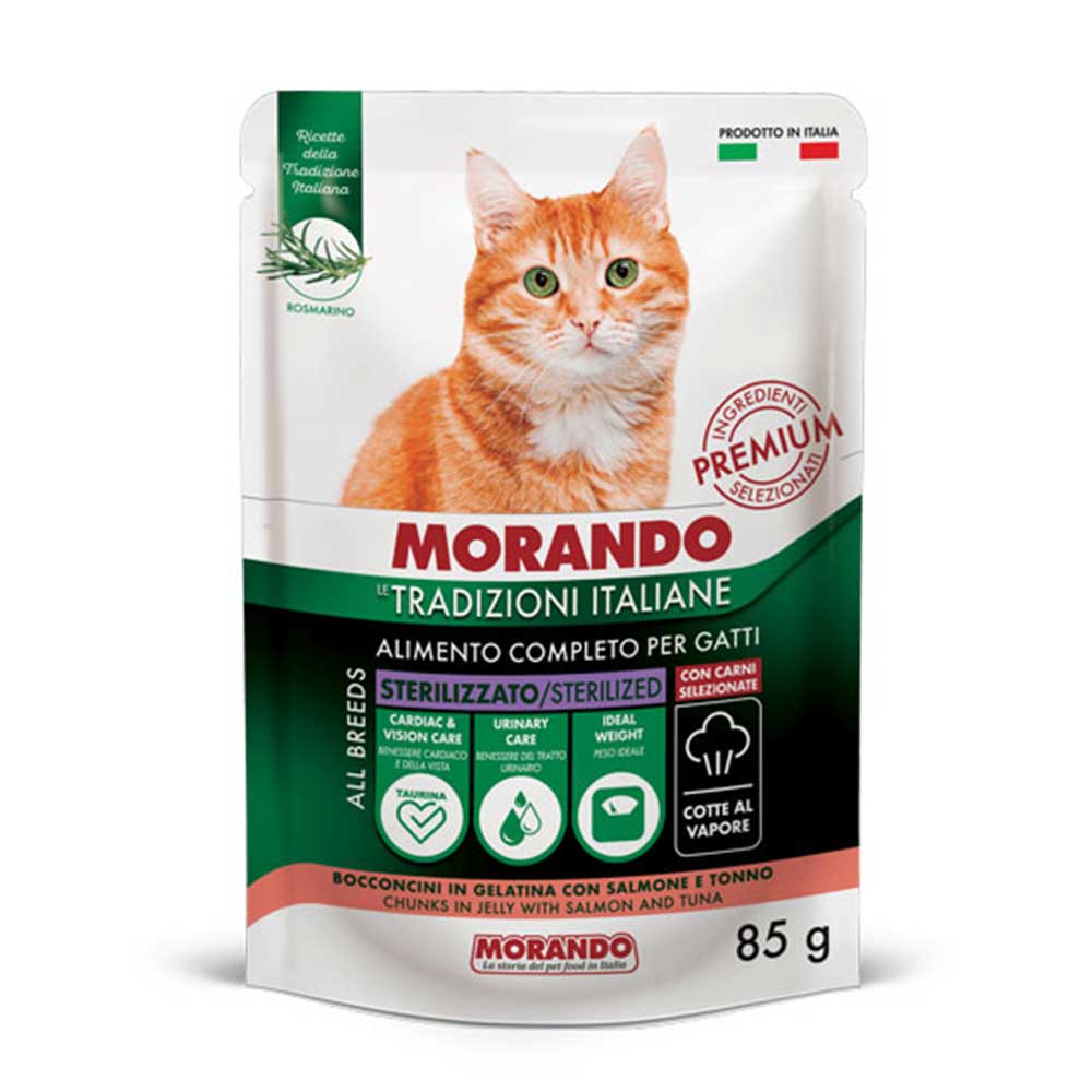 Morando Premium Umido Sterilizzato Bocconcini in gelatina per Gatto con Salmone e Tonno 85gr